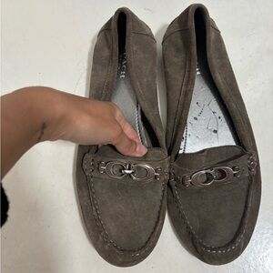Suede Loafer Flats with Metal Bit Accent - Brown